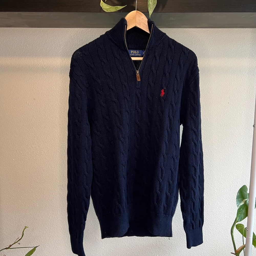 Polo Ralph Lauren Men's Navy Cable Knit 1/4 Zip Pullover Sweater - Medium